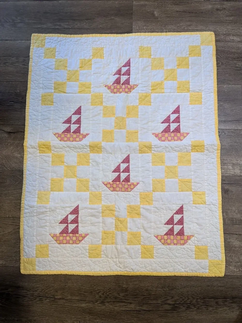 Vintage 1995 Handmade Sailboat Baby Quilt Signed Carol Paasch Cottagecore 28x34